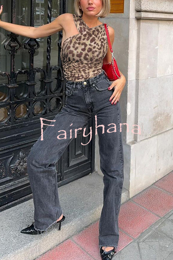 Leopard Print Asymmetric Mesh Pleated Slim-fit Rompers