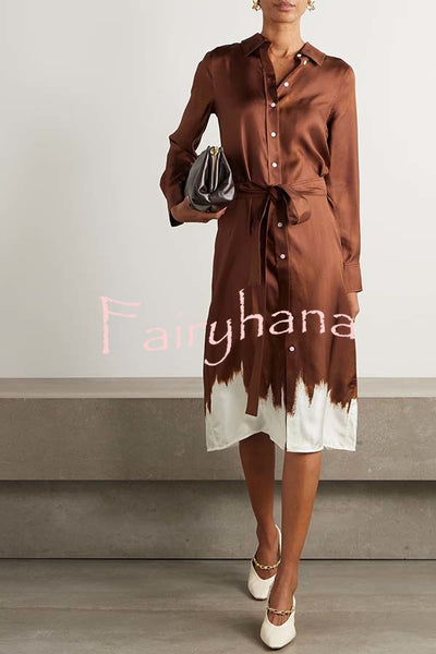 Oil Paint Unique Pattern Satin Button Long Sleeve Tie-up Shirt Midi Dress