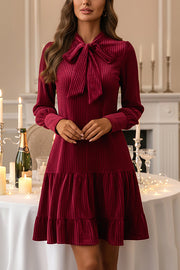 Vintage Velvet Bow Tie Neck Long Sleeve Loose Mini Dress