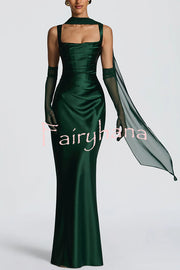 Calanthe Satin Square Neck Ruched Back Lace-up Drape Mesh Scarf Maxi Dress