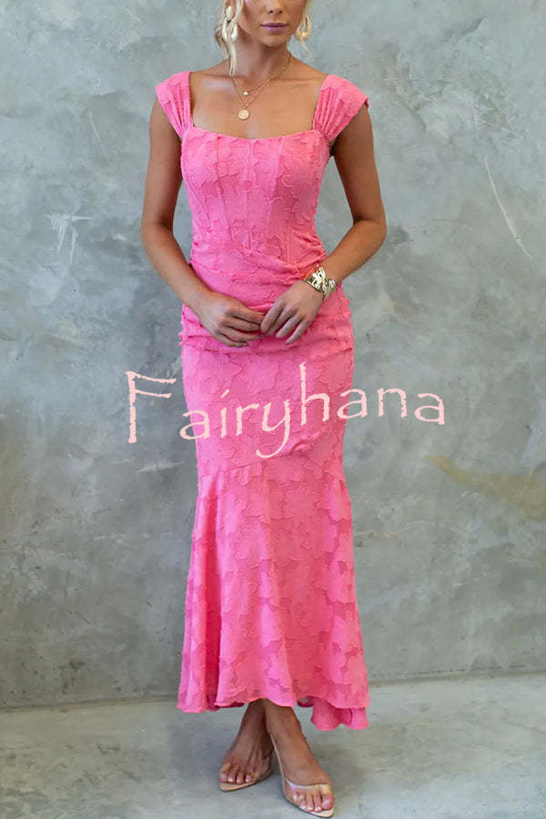 Unreal Beauty Floral Textured Material Ruched Fishtail Maxi Dress