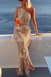 Santorini Night Sequin Fabric One Shoulder Slit Maxi Dress