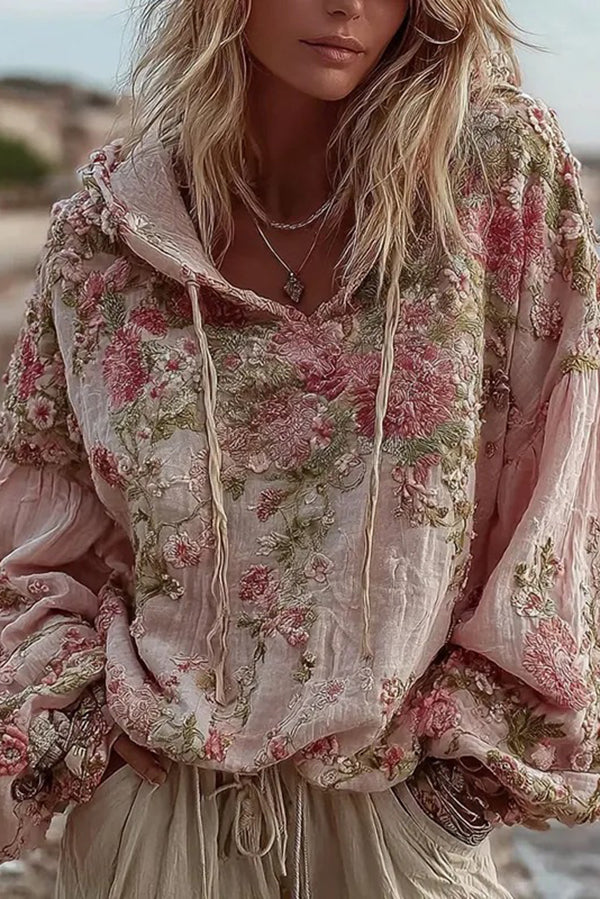 Floral Print Loose Hooded Long-Sleeved Sweatshirt