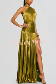 Glamorous Metallic Pleated Fabric Open Back Halter Slit Maxi Dress