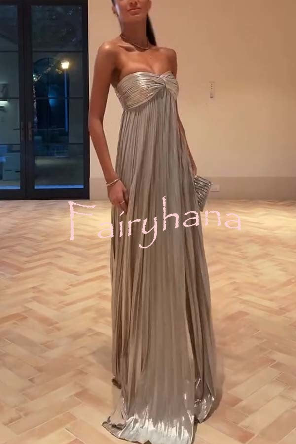 Night Elf Metallic Fabric Pleated Off Shoulder Twist Bust Slit Maxi Dress