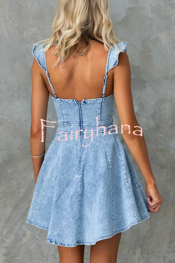 Sweet Secret Denim Square Neck Ruffle Sleeve Stretch Mini Dress