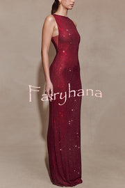 Holiday Nights Sequin Boat Neck Sleeveless Slit Maxi Dress