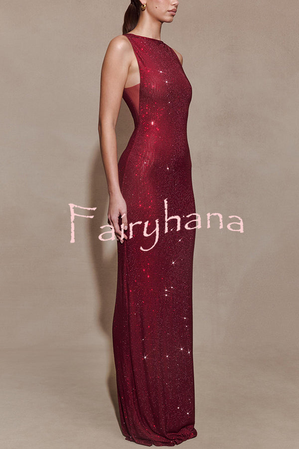 Holiday Nights Sequin Boat Neck Sleeveless Slit Maxi Dress