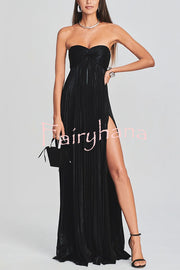 Metallic Sexy Tube Top Pleated High Slit Maxi Dress