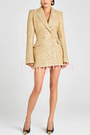 Heels Click Tweed Fabric Pearl Button Long Sleeve Lapel Blazer Mini Dress