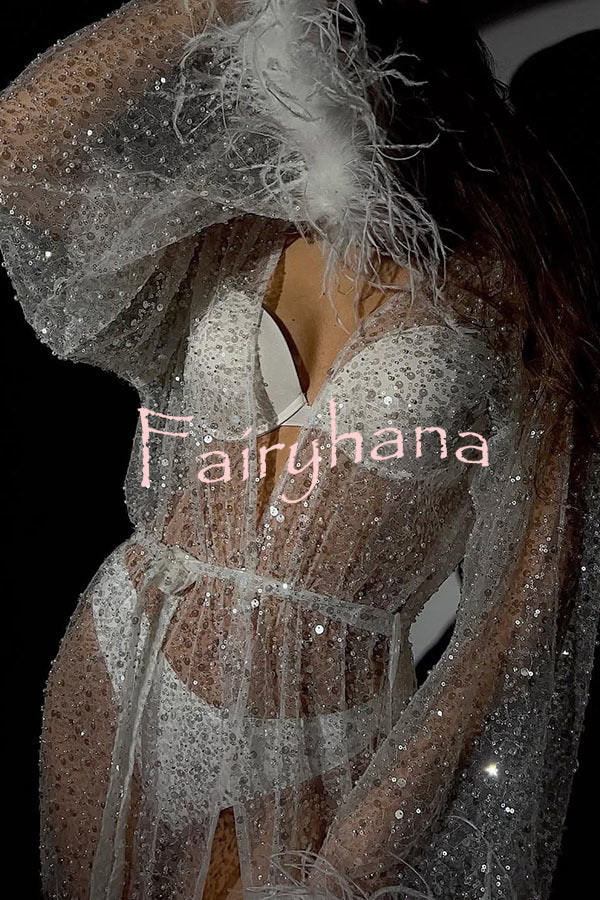Fashionable Sequined Feather Long-sleeved Vacation Loose Extra-long Sun Protection Cover-up