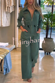 Street Glamour Zipper Stand Collar Drawstring Waist Pocket Loose Jumpsuit