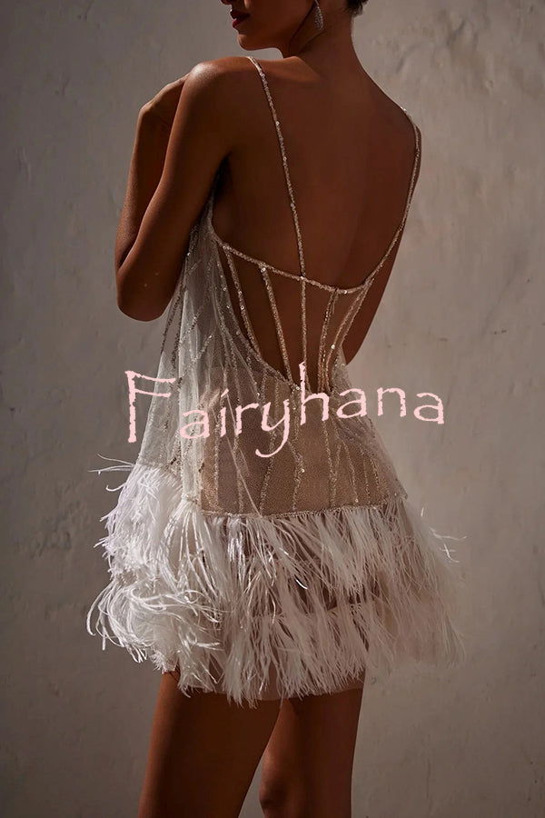 Fairy Lights Sequin Layered Feather Fringed Mesh Mini Dress