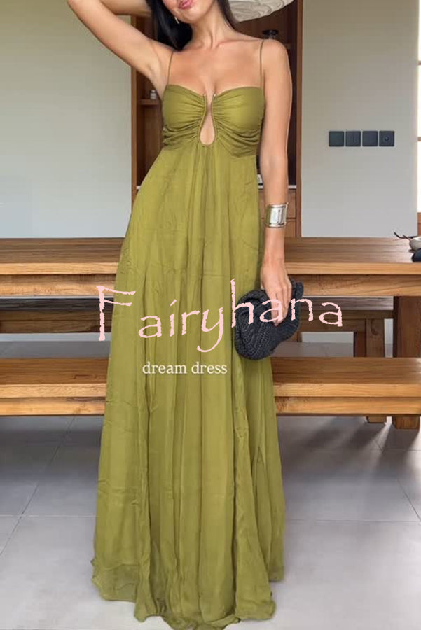 Soft and Elegant Metal Hollow Design Back Smocked A-line Slip Maxi Dress
