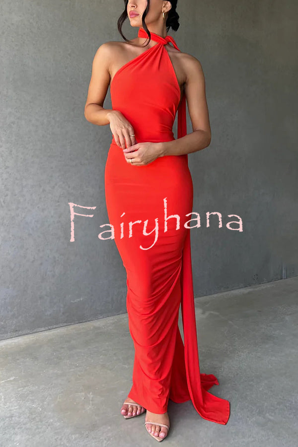 Sexy Backless Pleated Slim Solid Color Sleeveless Elegant Maxi Dress