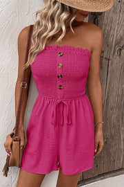 Solid Color Tube Top Button Pleated Casual Rompers