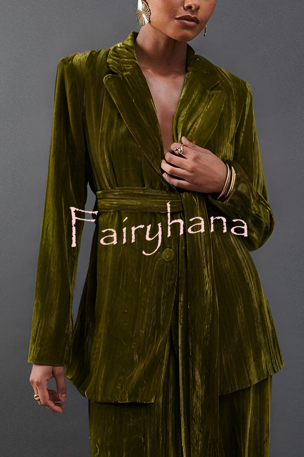 Solid Color Velvet Long-sleeved Waist Tie Top and Elastic Waist Casual Pocket Straight-leg Pants Set