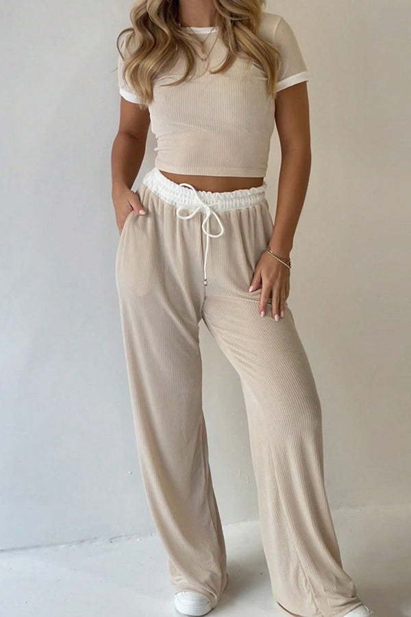 Fashionable Round Neck Short-sleeved Top and Elastic Waist Pocket Casual Straight Pants Set