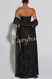 Paula Sequined Mesh and Jersey Off Shoulder Ruched Knot Drape Shawl Maxi Dress
