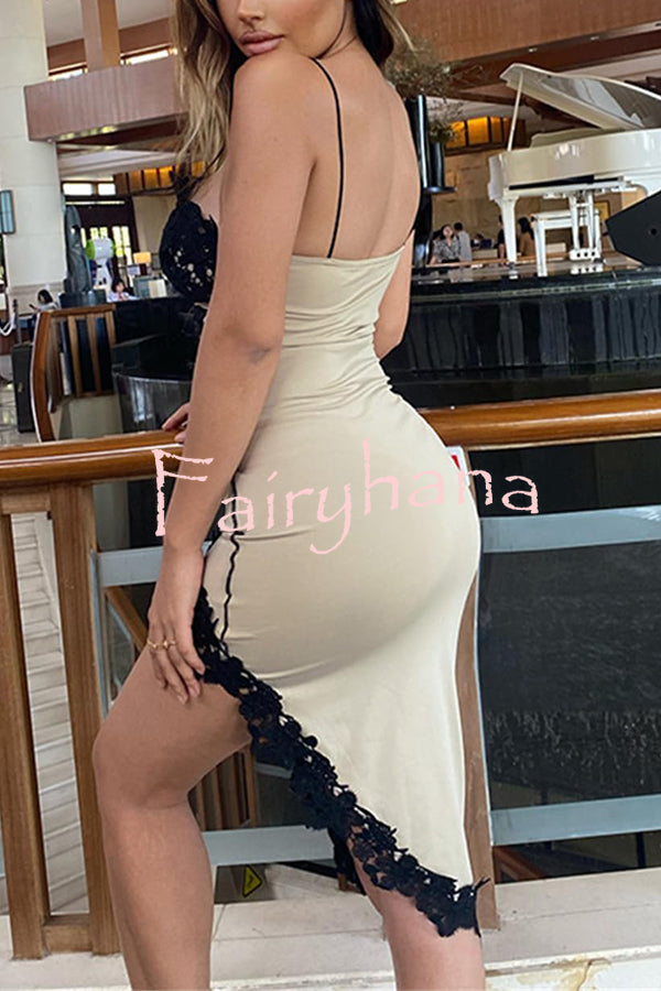 Sexy Lace Paneled Deep V Suspender Slim Midi Dress