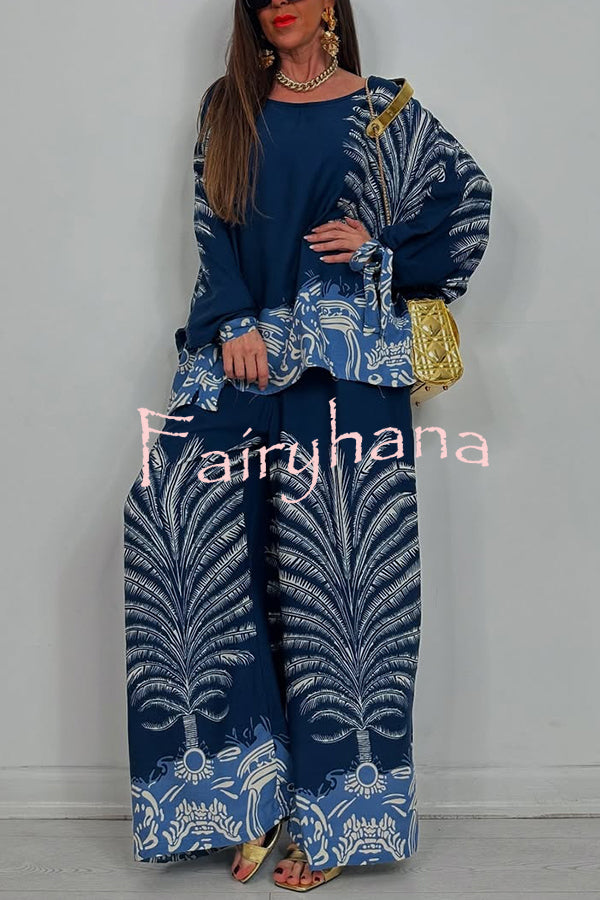 Unique Print Loose Drawstring Long Sleeve Top and Elastic Waist Casual Pocket Wide Leg Pants Set
