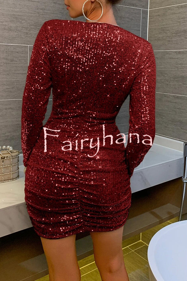 V Neck Wrap Hip High Waist Sequin Mini Dress
