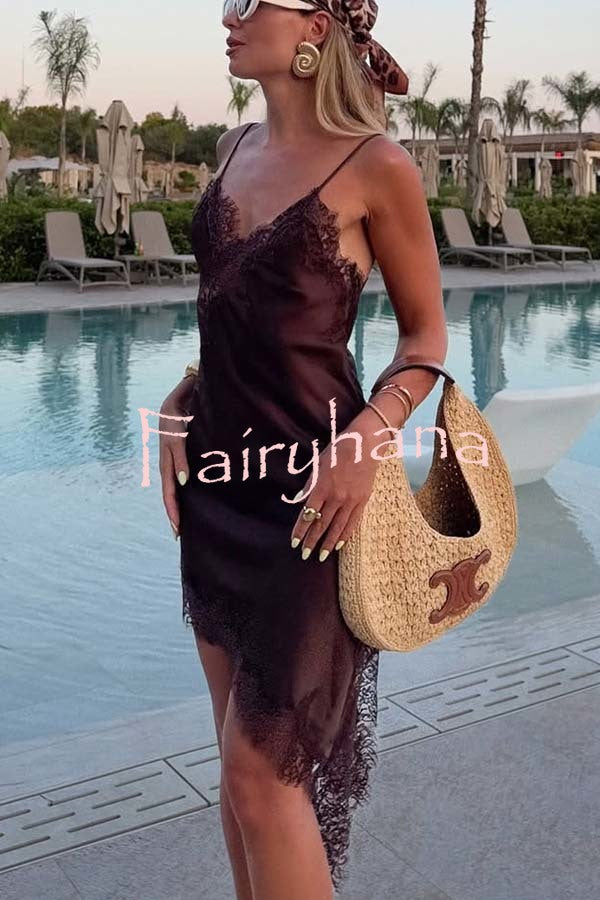 Elouise Satin Lace Trim V-neck Asymmetrical Hem Slip Mini Dress
