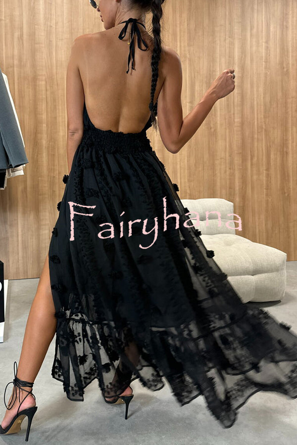 Gloria Embroidery Flowers Elastic Waist Halter Backless Slit Maxi Dress