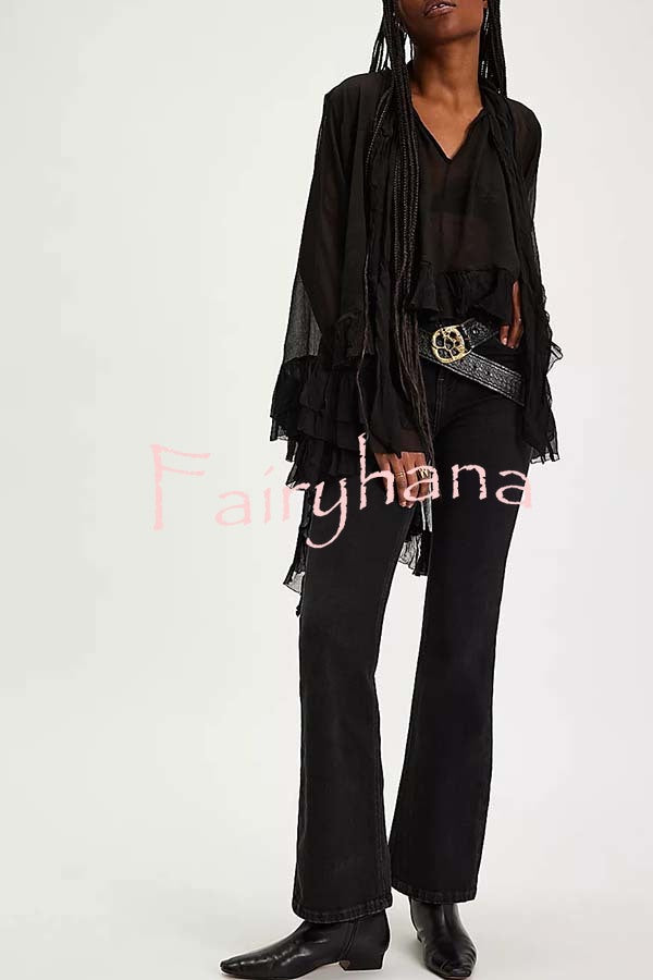 Flowy See-through Ruffle Tie-up Neck Bell Sleeve High-low Hem Cape Shirt