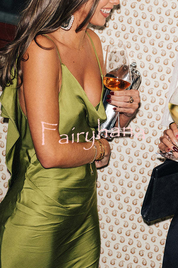 Evening Date Satin Cowl Neck Drape Ruffle Backless Bias Cut Party Maxi Dress