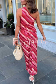 Ansela Knit Wave Unique Print One Shoulder Top and Stretch Maxi Skirt Set