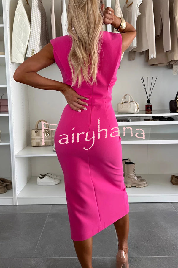 Charming Lady Solid Color Round Neck Sleeveless Waisted Slit Stretch Midi Dress