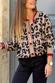 Leopard Print Crew Neck Long-sleeved Loose Knit Cardigan