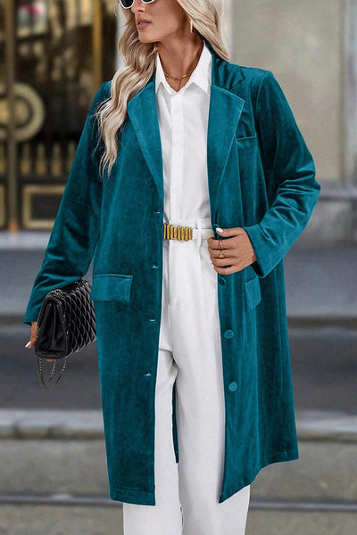 Solid Color Velvet Lapel Long-sleeved Casual Button Mid-length Coat