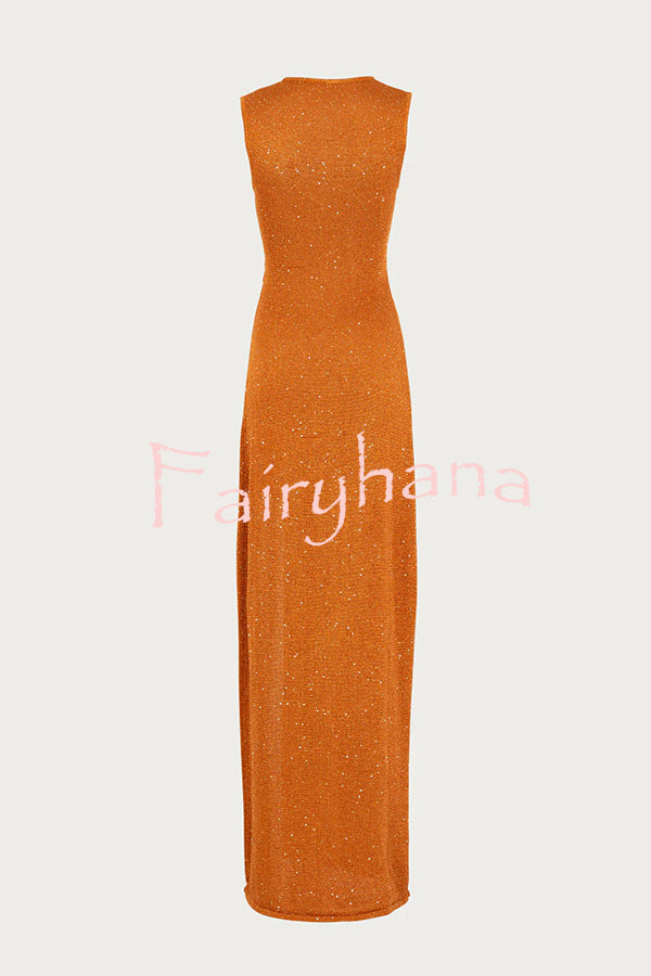 Beautiful Figure Shiny Knit Fabric Cutout Side Slit Stretch Vacation Maxi Dress