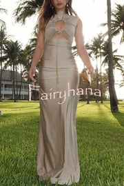 Genis Hollow Elastic Bust High Neck Sleeveless Gathered Maxi Dress