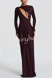 Sexy Cutout Fitted Long-sleeved Pleated Satin Ribbon Maxi Dresses