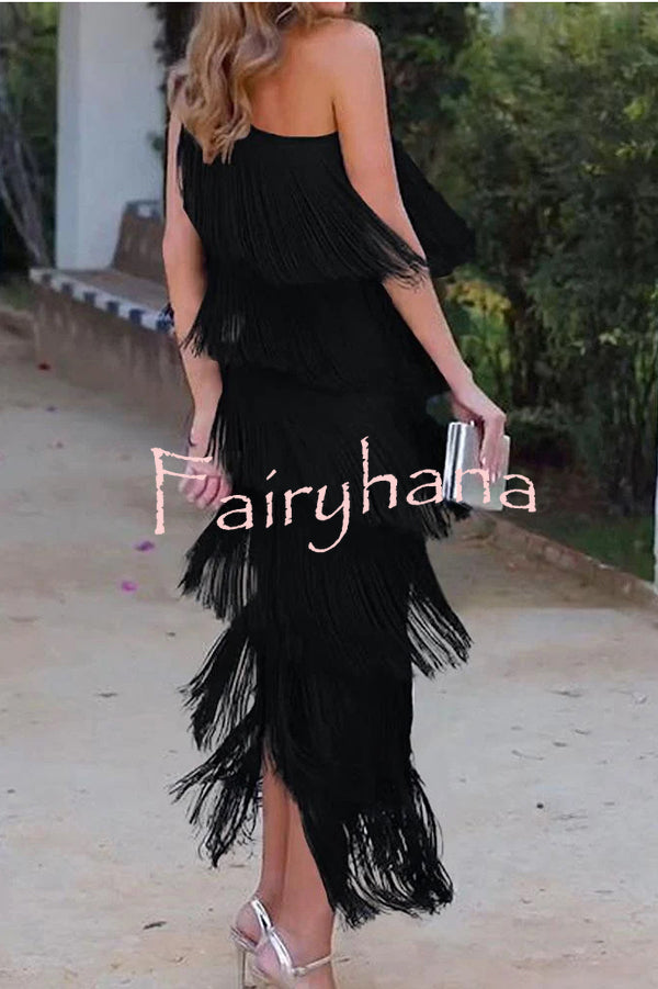 Stylish Fringed One Shoulder Asymmetric Midi Dress