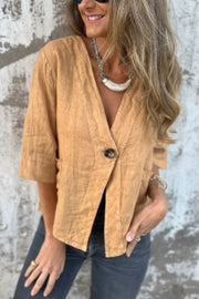 Linen Blend Solid Color Loose V-neck Button-down Casual Top