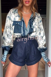 Bohemian Elegant Satin Contrast Color Unique Print Button Up Pocket Loose Blouse