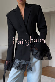 Solid Color Lace Panel Long Sleeve Button Elegant Blazer