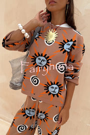 Mediterranean Art Knit Unique Sun Vortex Print Long Sleeve Relaxed Sweater