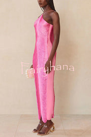 Sexy Allnight Metallic Halterneck Backless Fringed Slit Maxi Dress