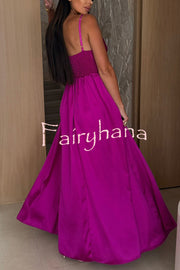 Solid Color Suspender Back Pleated Elegant Slit Full Hem Maxi Dress