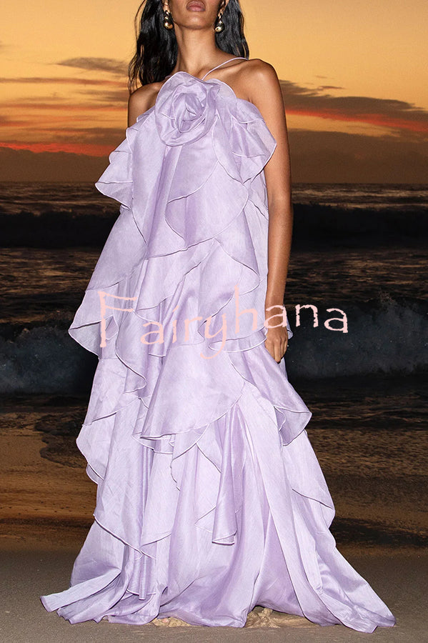 Free - Flowing Rose Detail Tiered Ruffles Halter A-line Maxi Dress