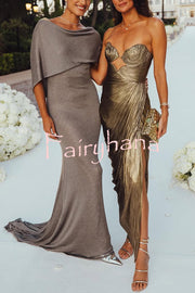 Amisha Metallic Pleated Shell Cups Hollow Gold Pendant Strapless Drape Slit Maxi Dress