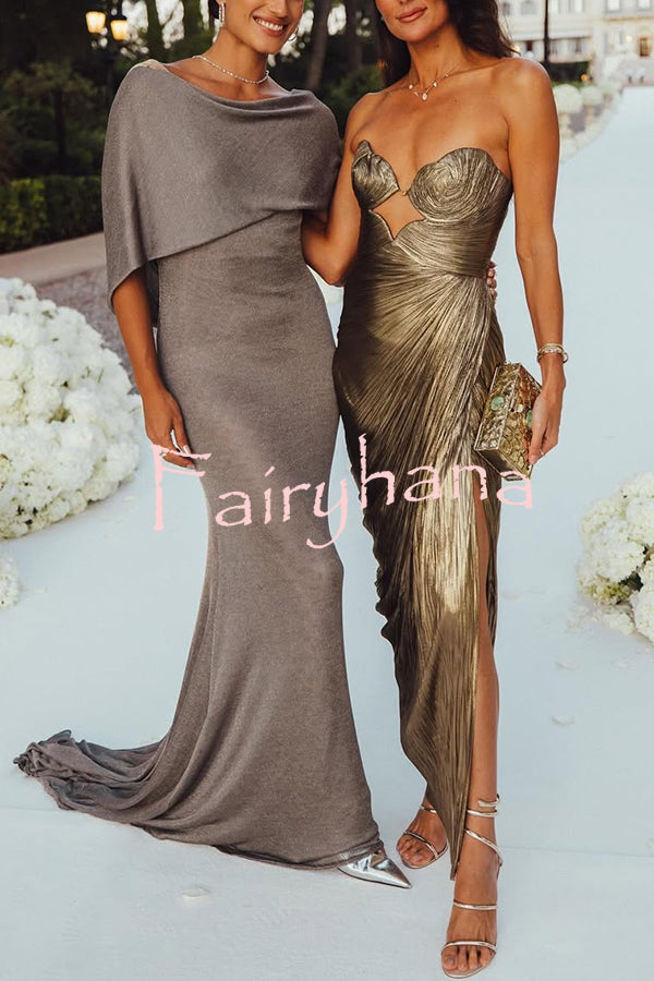 Amisha Metallic Pleated Shell Cups Hollow Gold Pendant Strapless Drape Slit Maxi Dress