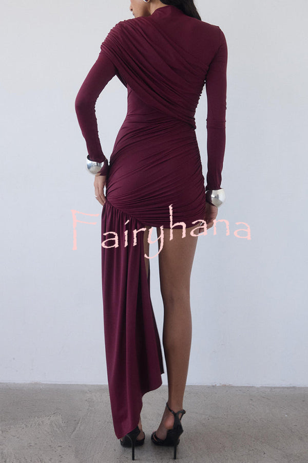 Solid Color Long-sleeved Pleated Slim-fit Elegant Ribbon Mini Dress