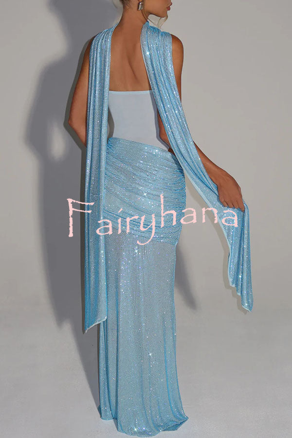 Kailani Sequin Strapless Mesh Cutout Waist Ruched Scarf Maxi Dress