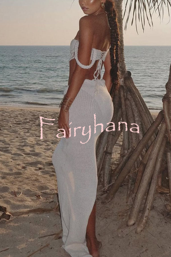 Kala Crochet Knit Braid Waist Slit Stretch Maxi Skirt